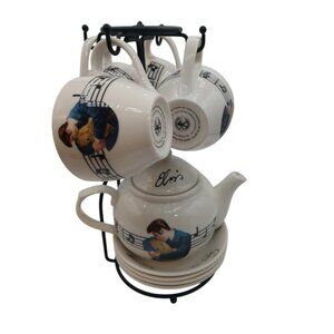 Elvis Presley Themed Tea Set With Teapot 4 Cups & Saucers On Metal Stand